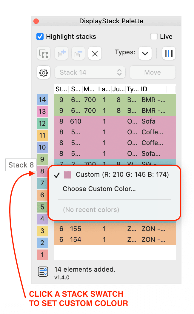 DisplayStack now supports custom stack names, colours and element-type filters