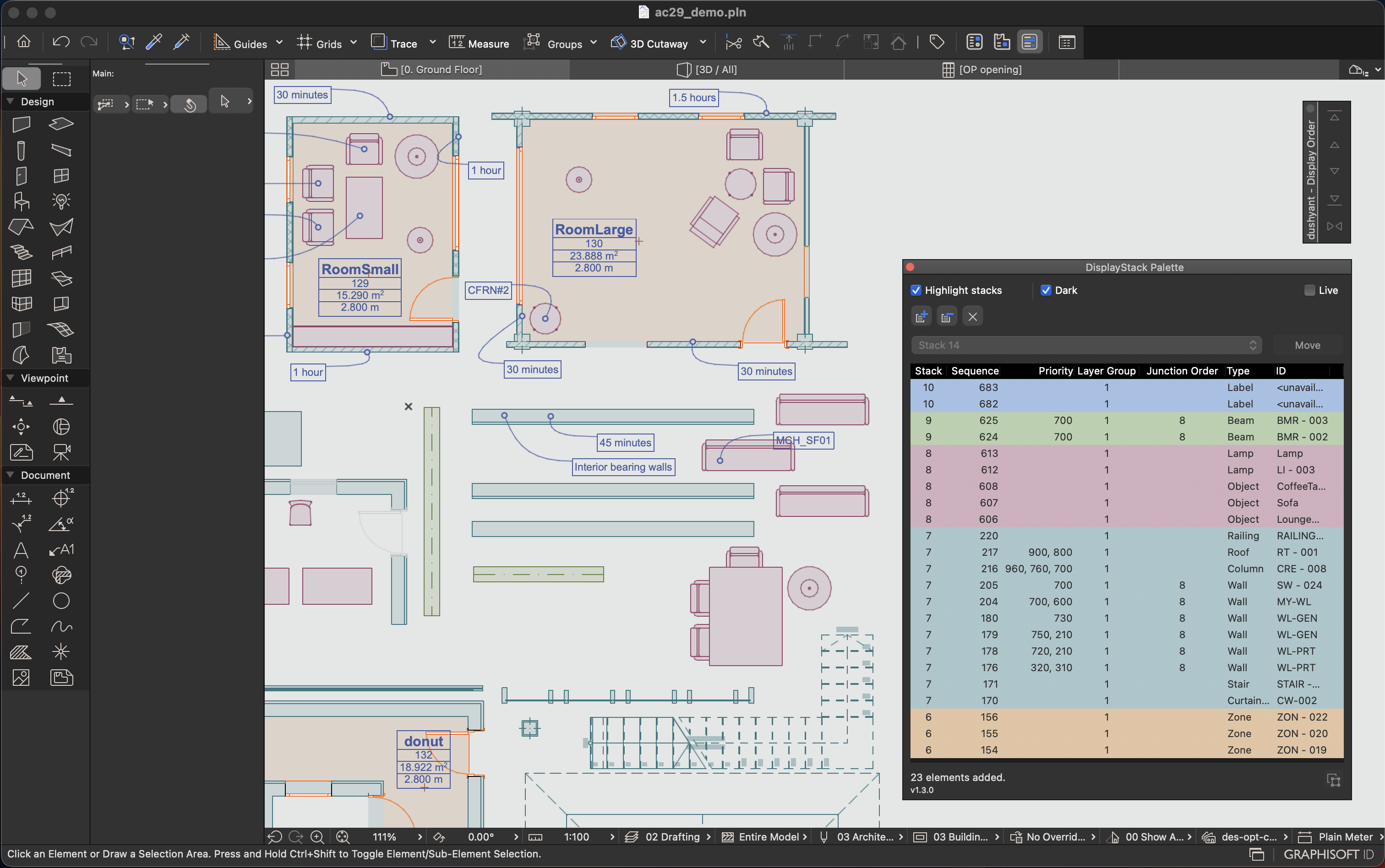 DisplayStack highlighting model elements with the Dark colour option enabled in Archicad
