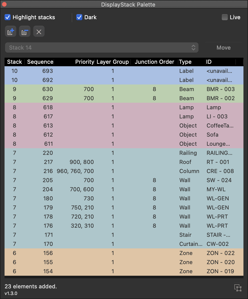 DisplayStack v1.3.0 palette showing Layer Group, Junction Order and Dark mode