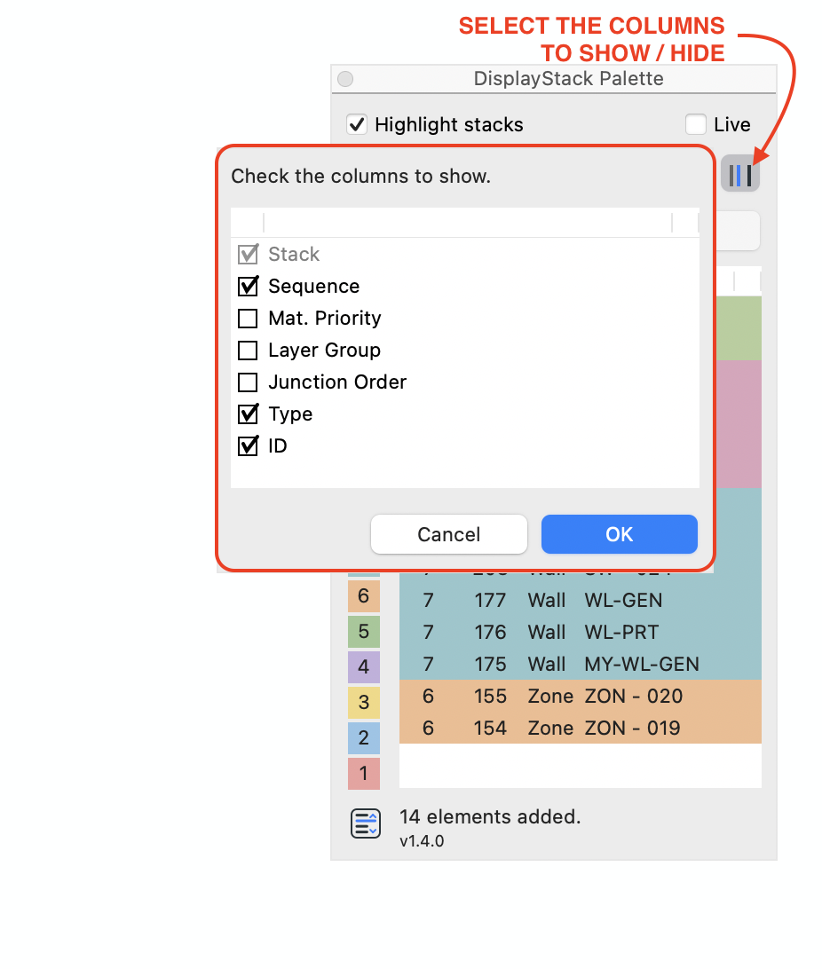 DisplayStack v1.4.0 selector for showing or hiding palette columns