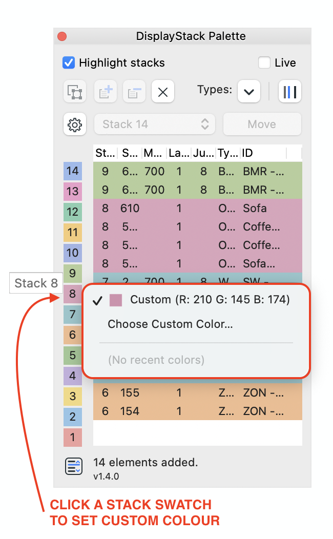 DisplayStack v1.4.0 stack-colour legend and custom colour selector