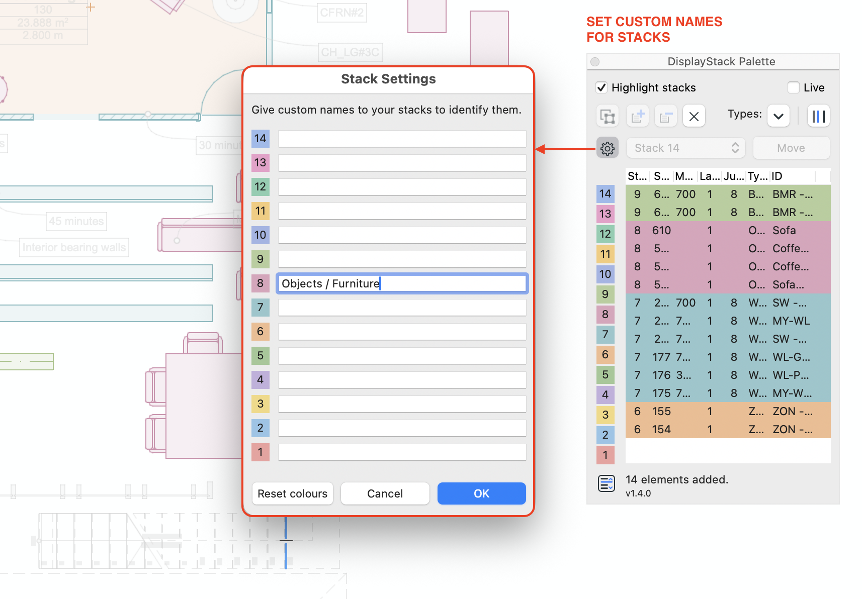 DisplayStack v1.4.0 settings for custom names for all 14 stacks