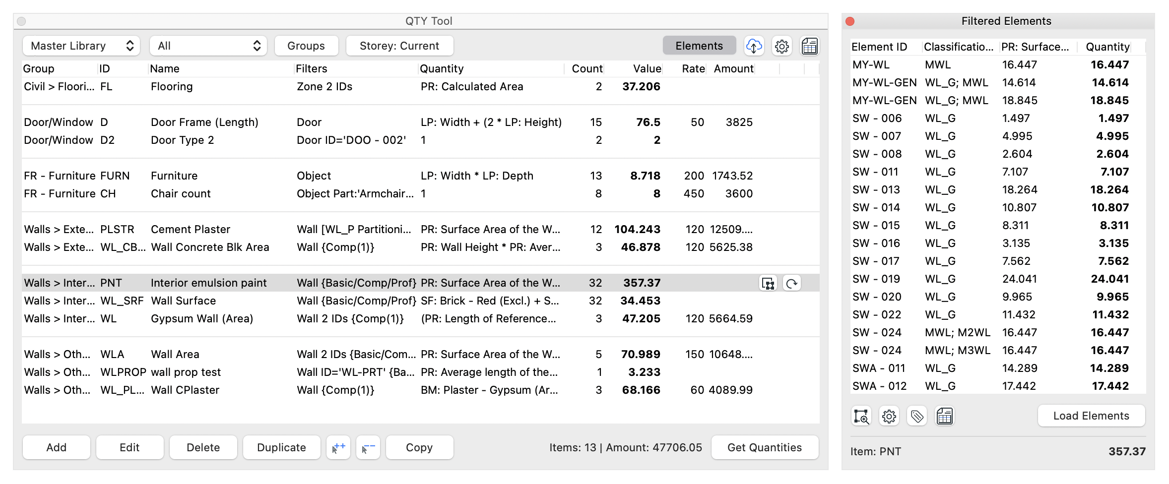 QTY Tool item list and filtered elements palettes in Archicad